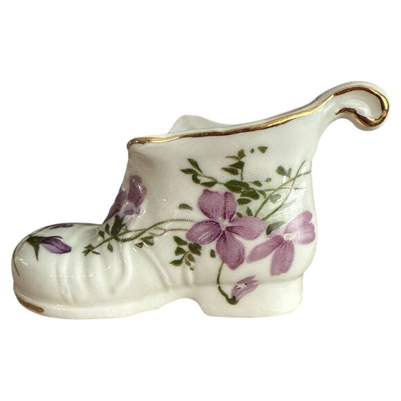VTG Fine Bone China Boot Vase Le Tao Taiwan Purple Floral Gold Trim Miniature - Picture 4 of 7